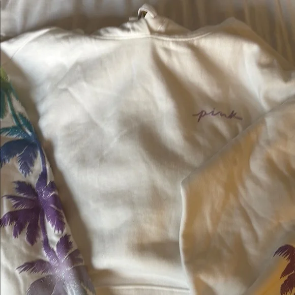 PINK Victoria's Secret white and Purple /turquoise glitter palm tree Hoodie - Picture 2 of 4